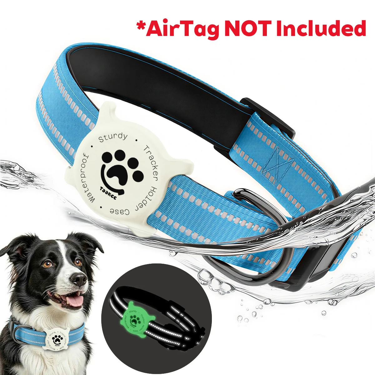 Taakcc Reflective Dog Collar with Luminous AirTag Holder, Waterproof Soft Padding, and Safety Buckle, AirTag Tracker Case Collars