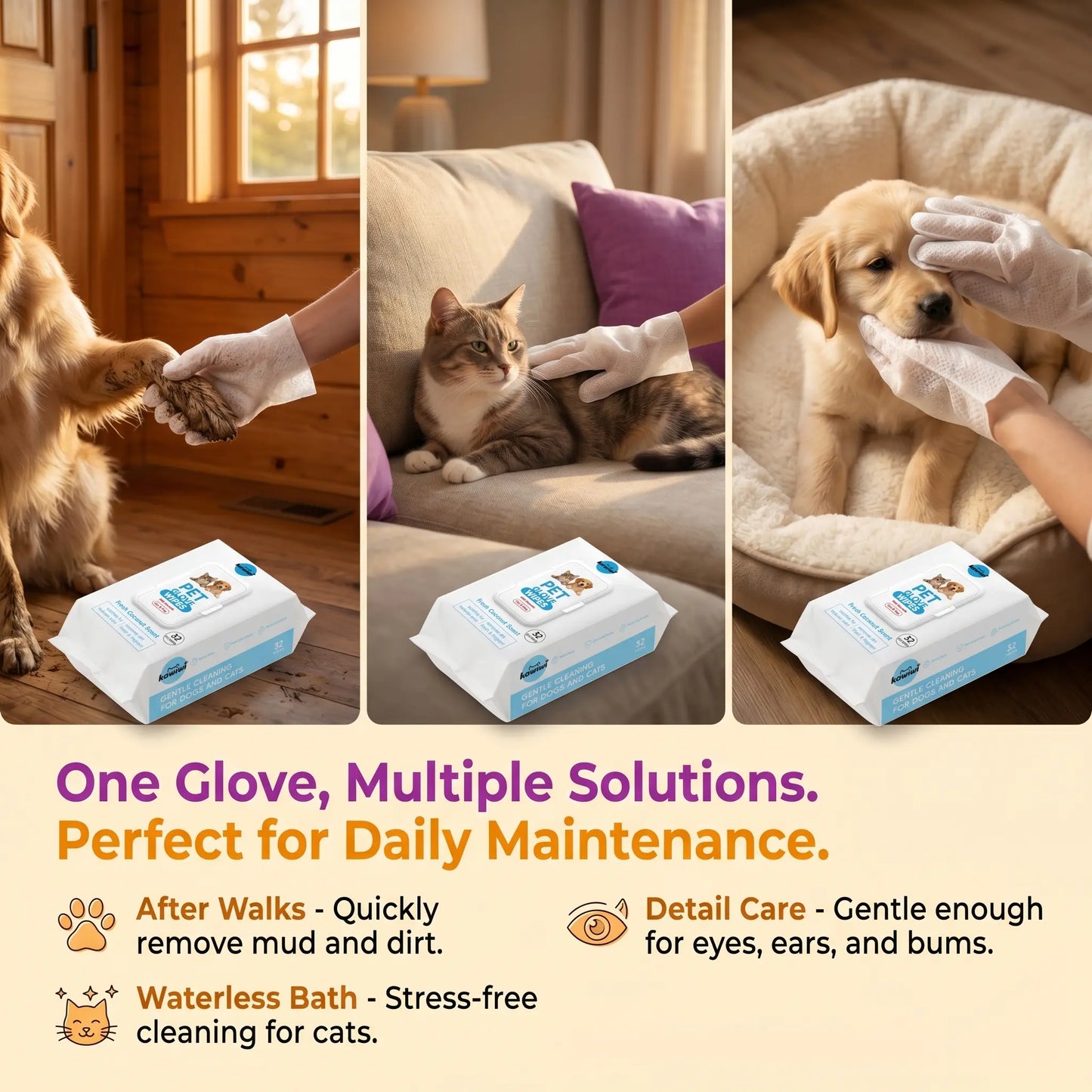 Kawiwi 32-Count Hypoallergenic Pet Grooming Wipes with Coconut Scent, Disposable Glove Wipes for Dogs and Cats, Ideal for Fur Nourishment, Hair Removal, and Skin Care for Daily and Travel Use