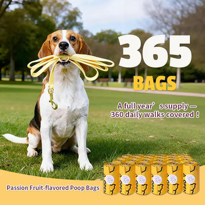 Premium Passion Fruit Scented Pet Waste Bags - Leak-Proof, Extra Thick & Large, 365 Count Pack, Yellow Velcro Closure, Essential for Dog Walking & Cat Litter Management