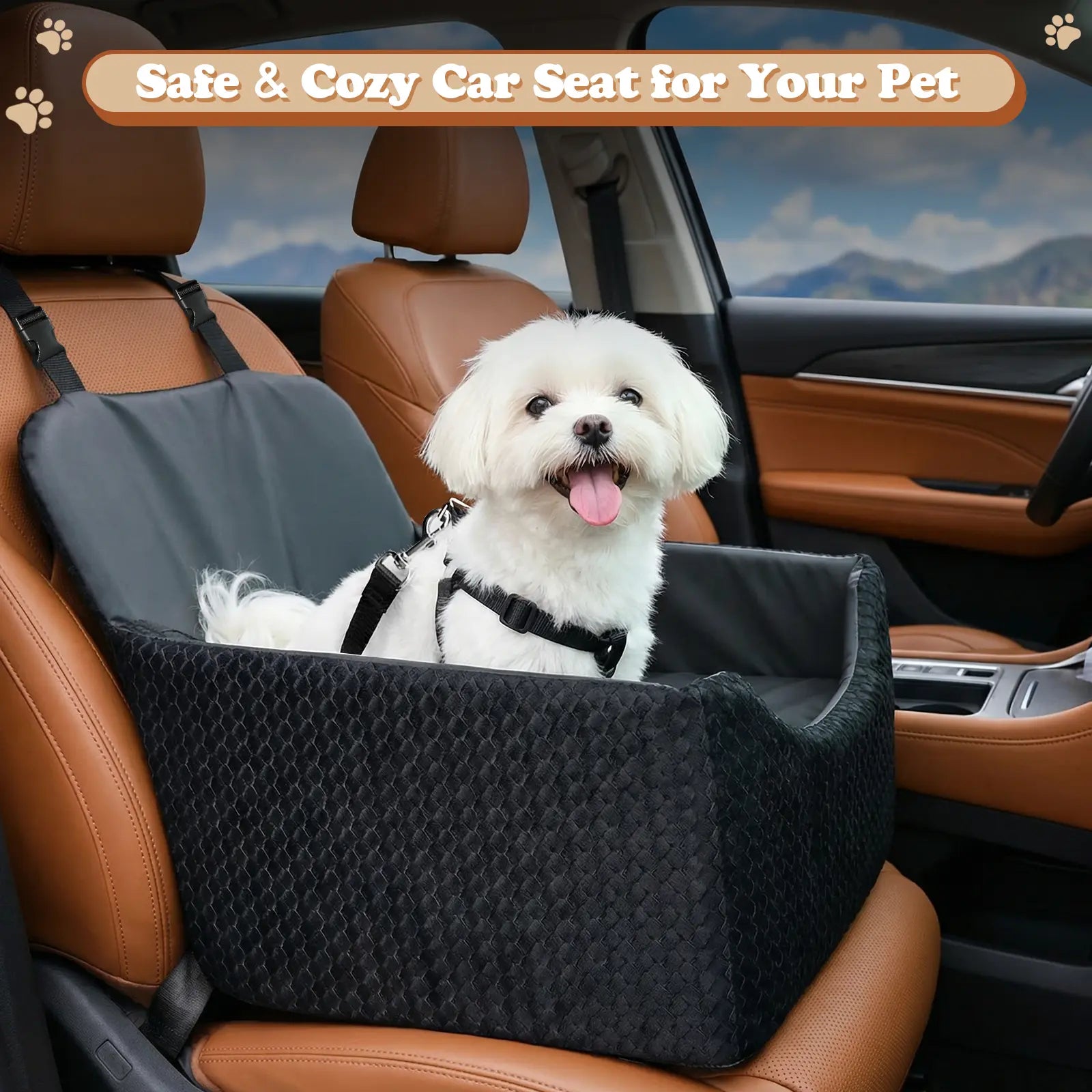 Dog Car Seat for Small Pets - All-Season Reversible Design, Enclosed with Seat Belt Straps, Non-Slip Waterproof Travel Bed for Car and Outdoor Use