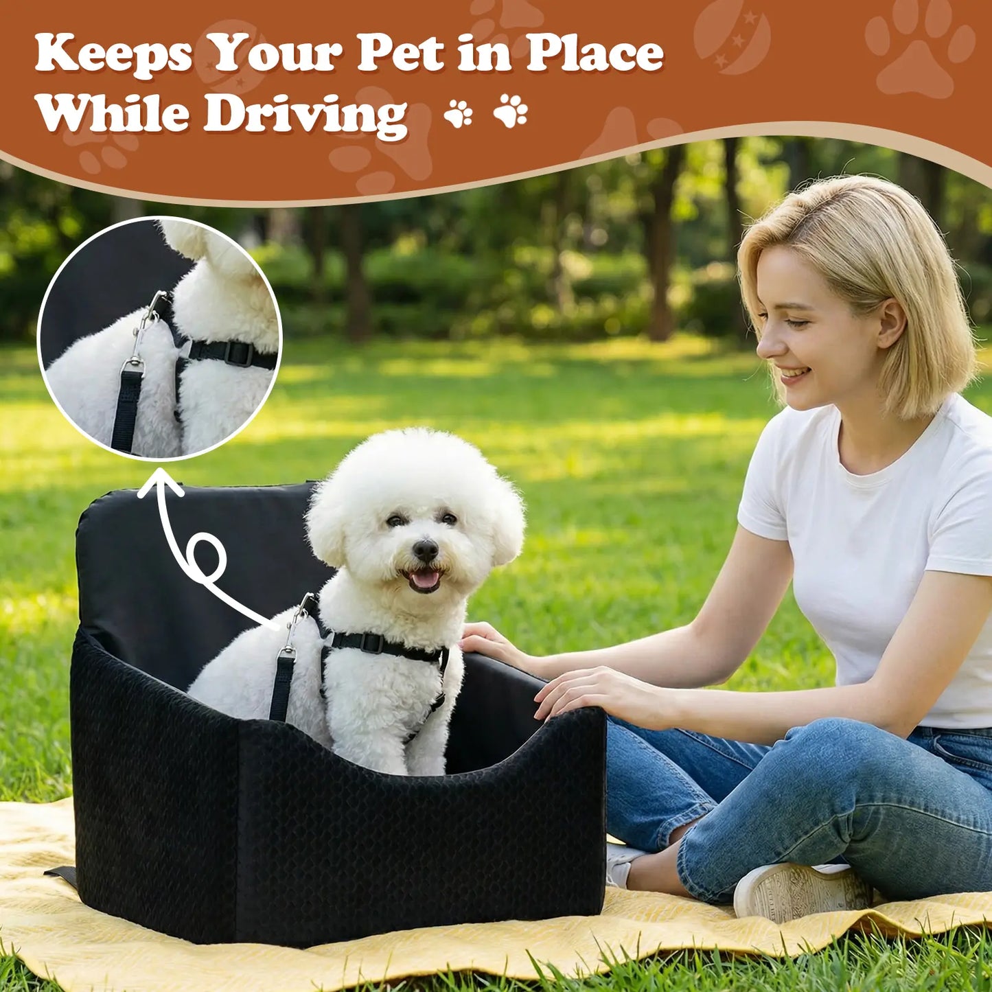Dog Car Seat for Small Pets - All-Season Reversible Design, Enclosed with Seat Belt Straps, Non-Slip Waterproof Travel Bed for Car and Outdoor Use