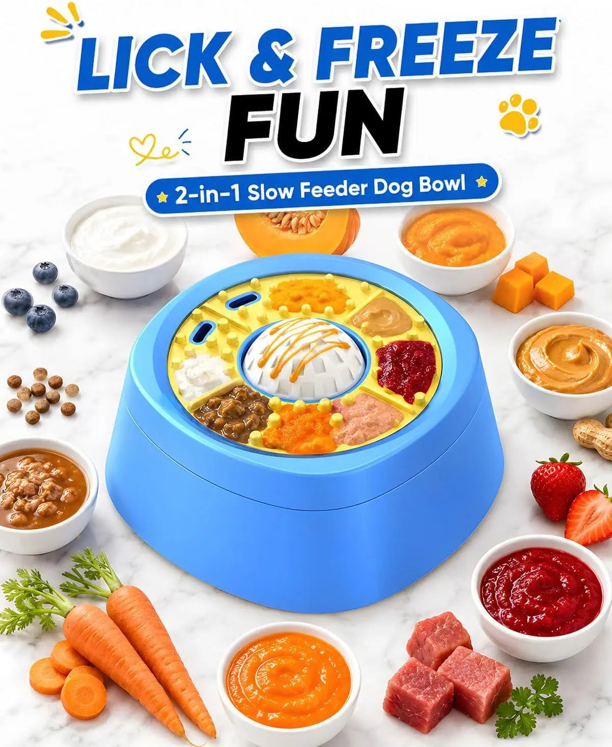 Picky Zoom Interactive Slow Feeder Dog Bowl - 2-in-1 Enrichment Feeder with Rolling Lick Ball for Rapid Eaters, Featuring Anti-Slip Suction Base for Frozen Treats, Yogurt, and Wet Food for Dogs and Cats