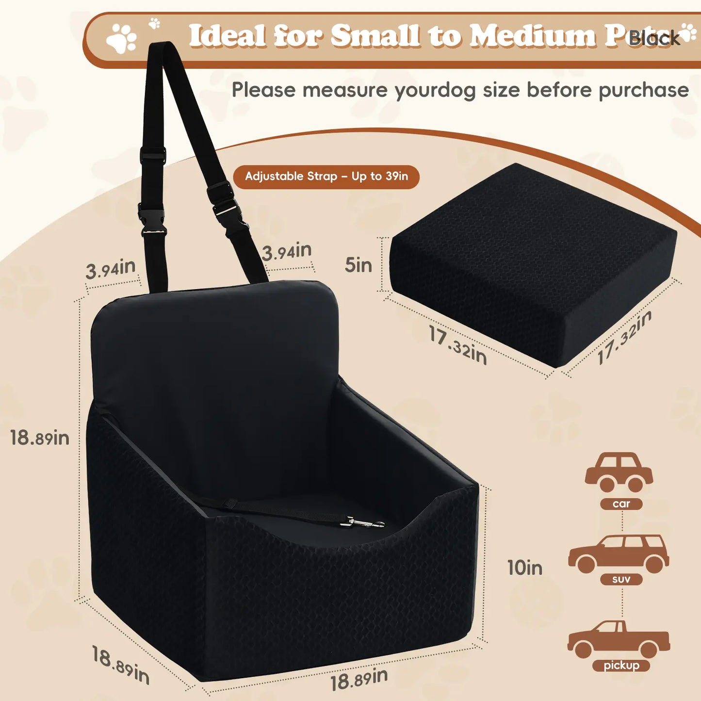 Dog Car Seat for Small Pets - All-Season Reversible Design, Enclosed with Seat Belt Straps, Non-Slip Waterproof Travel Bed for Car and Outdoor Use