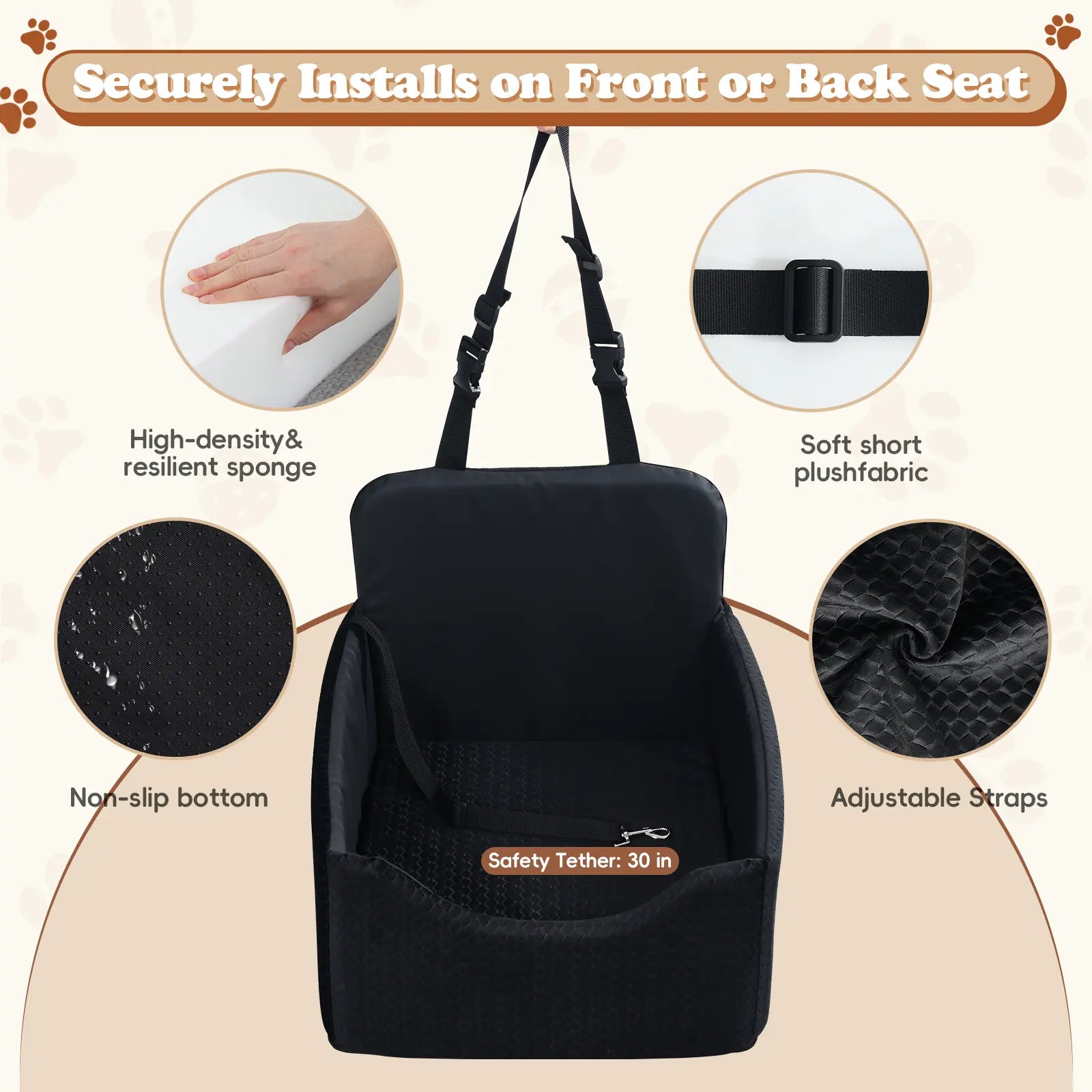 Dog Car Seat for Small Pets - All-Season Reversible Design, Enclosed with Seat Belt Straps, Non-Slip Waterproof Travel Bed for Car and Outdoor Use