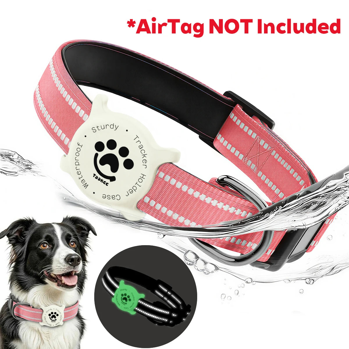 Taakcc Reflective Dog Collar with Luminous AirTag Holder, Waterproof Soft Padding, and Safety Buckle, AirTag Tracker Case Collars