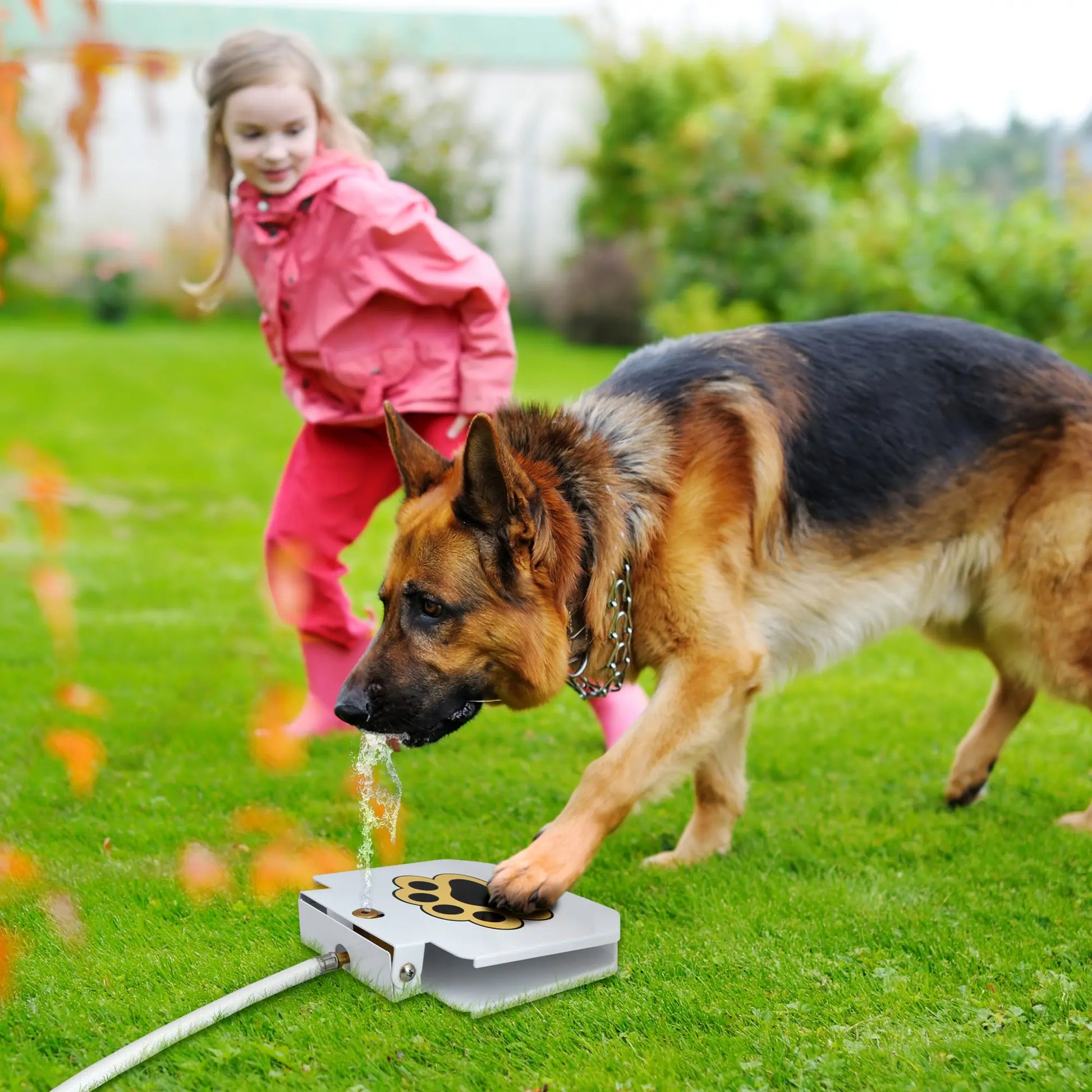 Outdoor Dog Water Fountain - Upgraded Large Dog Sprinkler Drinking Dispenser with Stainless Steel Hose for Fresh Water Access, Durable and User-Friendly Design