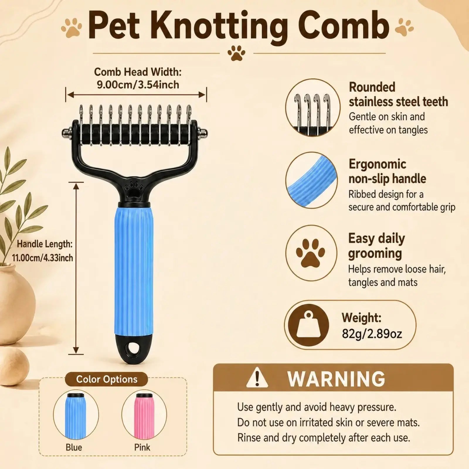 Professional Stainless Steel Pet Detangling Comb for Dogs and Cats - Effective Grooming Tool for Loose Hair, Mats, Tangles, Shedding, and Daily Coat Maintenance