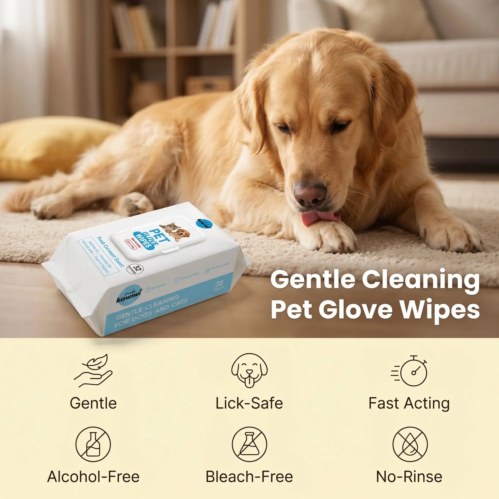 Kawiwi 32-Count Hypoallergenic Pet Grooming Wipes with Coconut Scent, Disposable Glove Wipes for Dogs and Cats, Ideal for Fur Nourishment, Hair Removal, and Skin Care for Daily and Travel Use