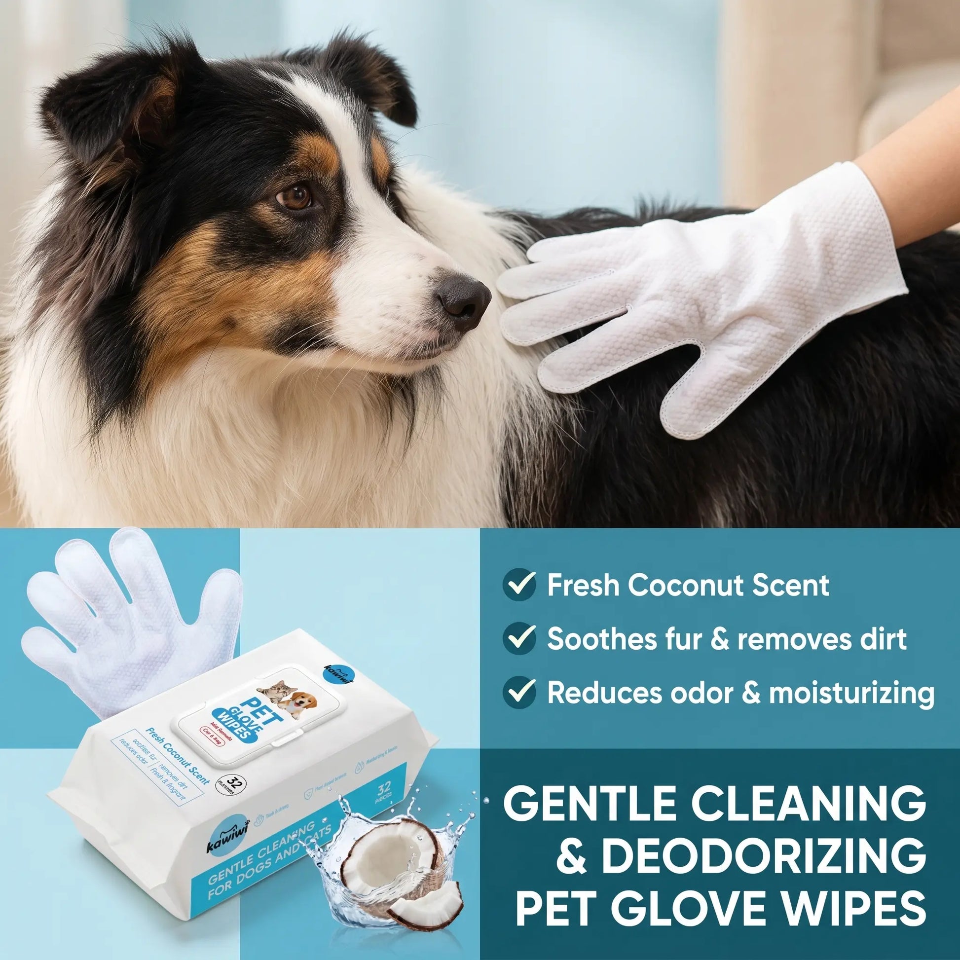 Kawiwi 32-Count Hypoallergenic Pet Grooming Wipes with Coconut Scent, Disposable Glove Wipes for Dogs and Cats, Ideal for Fur Nourishment, Hair Removal, and Skin Care for Daily and Travel Use