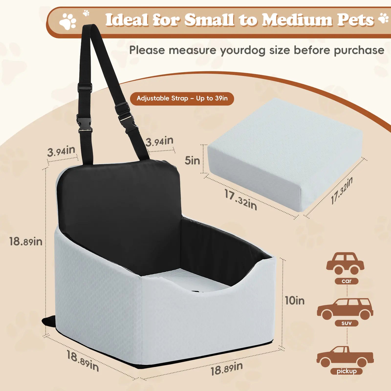 Dog Car Seat for Small Pets - All-Season Reversible Design, Enclosed with Seat Belt Straps, Non-Slip Waterproof Travel Bed for Car and Outdoor Use