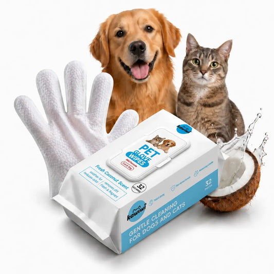 Kawiwi 32-Count Hypoallergenic Pet Grooming Wipes with Coconut Scent, Disposable Glove Wipes for Dogs and Cats, Ideal for Fur Nourishment, Hair Removal, and Skin Care for Daily and Travel Use