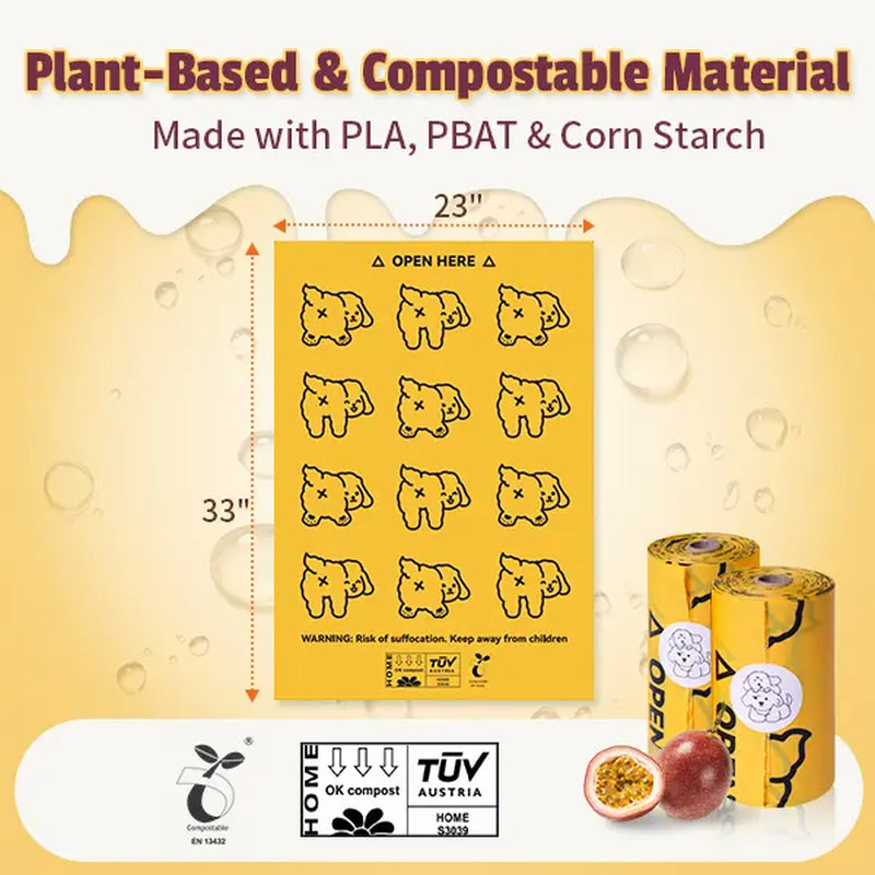 Premium Passion Fruit Scented Pet Waste Bags - Leak-Proof, Extra Thick & Large, 365 Count Pack, Yellow Velcro Closure, Essential for Dog Walking & Cat Litter Management