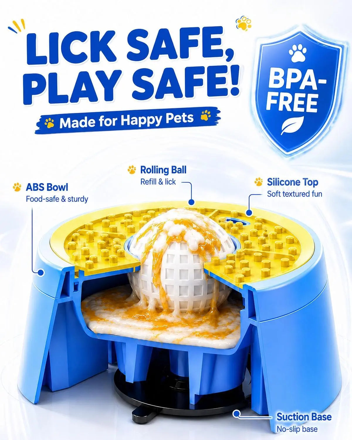 Picky Zoom Interactive Slow Feeder Dog Bowl - 2-in-1 Enrichment Feeder with Rolling Lick Ball for Rapid Eaters, Featuring Anti-Slip Suction Base for Frozen Treats, Yogurt, and Wet Food for Dogs and Cats